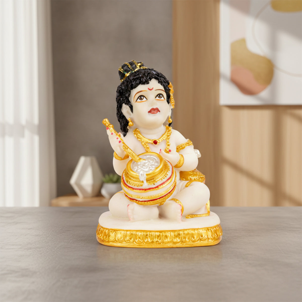 The Writershub Bal Krishna with Butter Pot Showpiece - White Golden Polyresin Idol