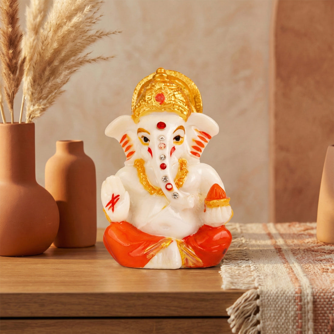 The Writershub White Ganesh with Red Accents Blessing Pose Showpiece - 8.9cm Resin Idol
