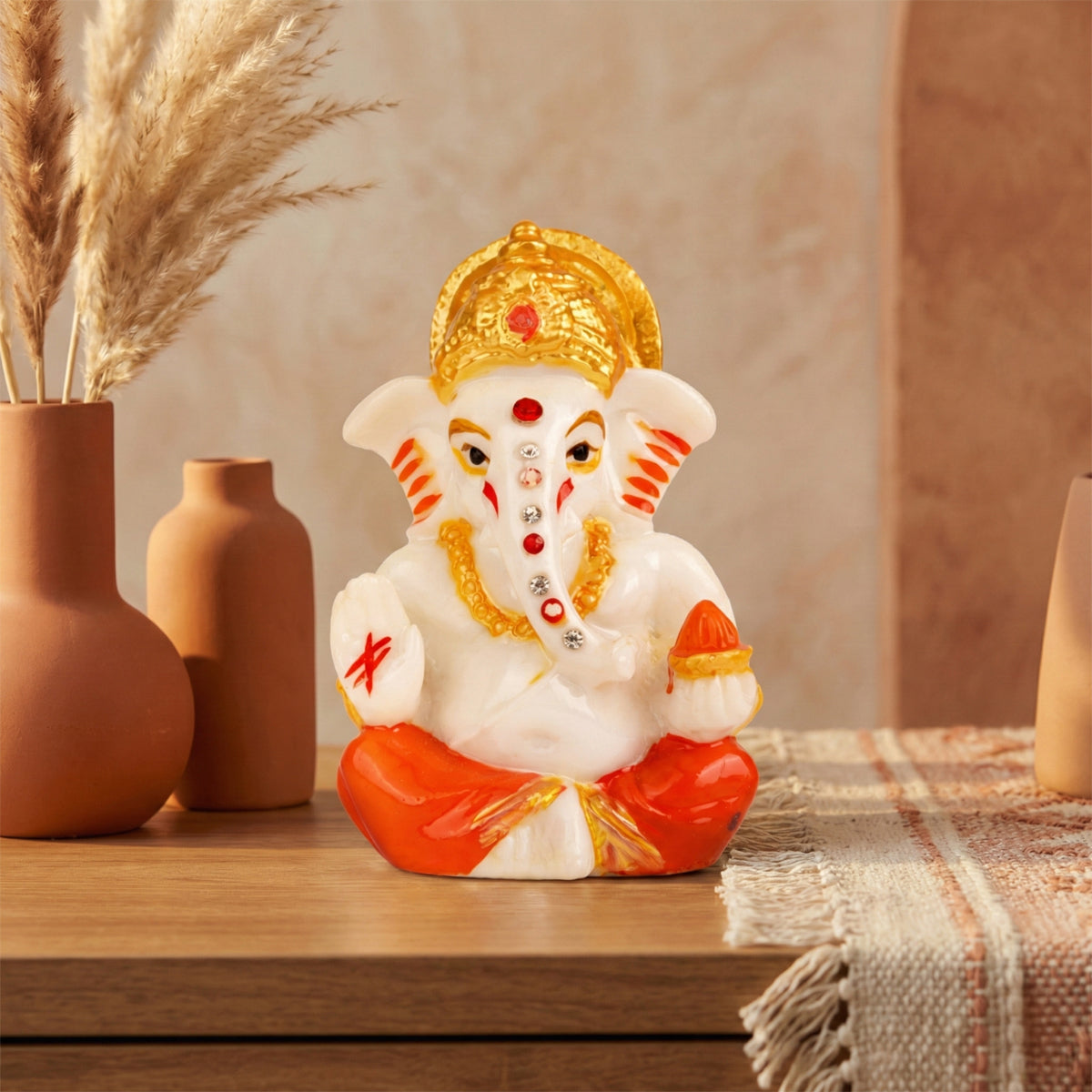 The Writershub White Ganesh with Red Accents Blessing Pose Showpiece - 8.9cm Resin Idol