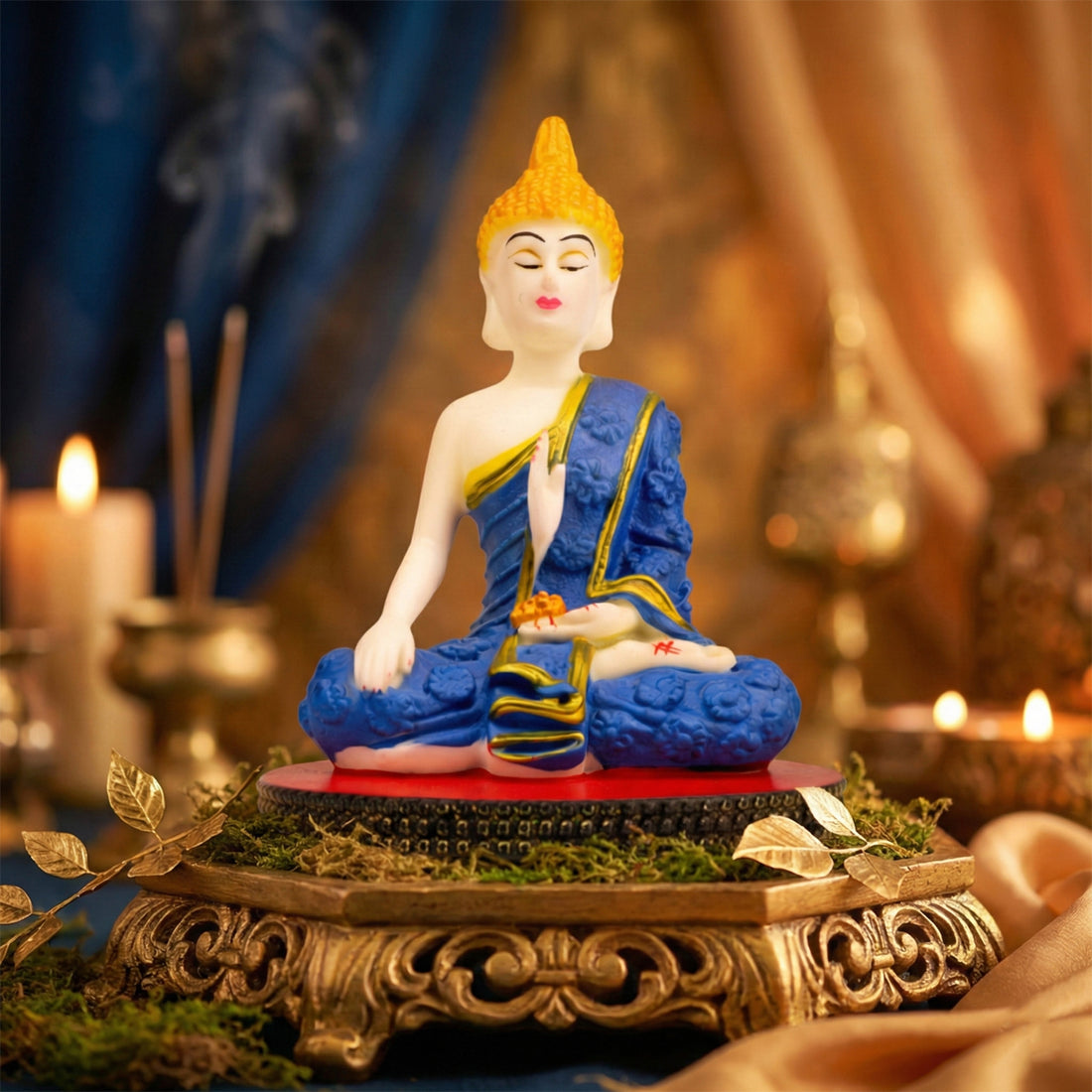 The Writershub Resin Meditation Buddha Statue - White & Blue, 12.5cm