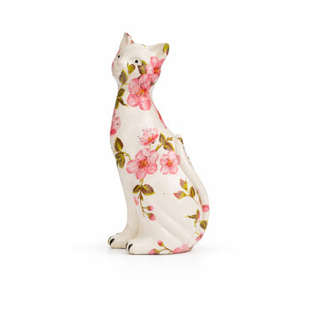 The Writershub Floral Printed Cat Showpiece - White Polyresin, 19.5cm