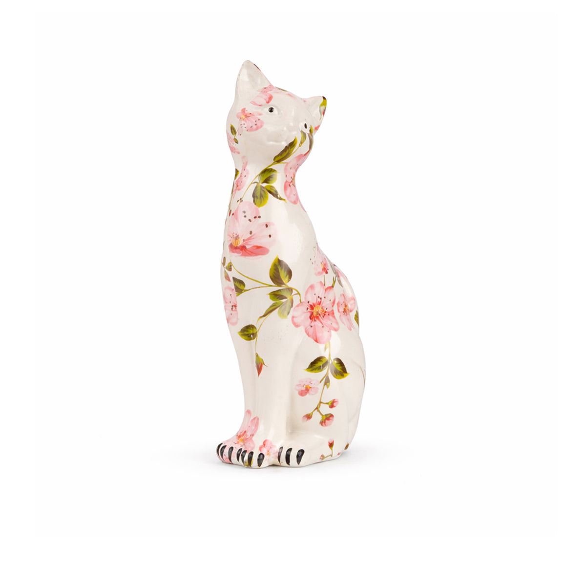 The Writershub Floral Printed Cat Showpiece - White Polyresin, 19.5cm
