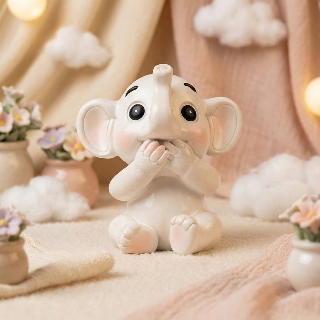 The Writershub Mini Shy Elephant Figurine - Glossy White Polyresin, 8.5cm