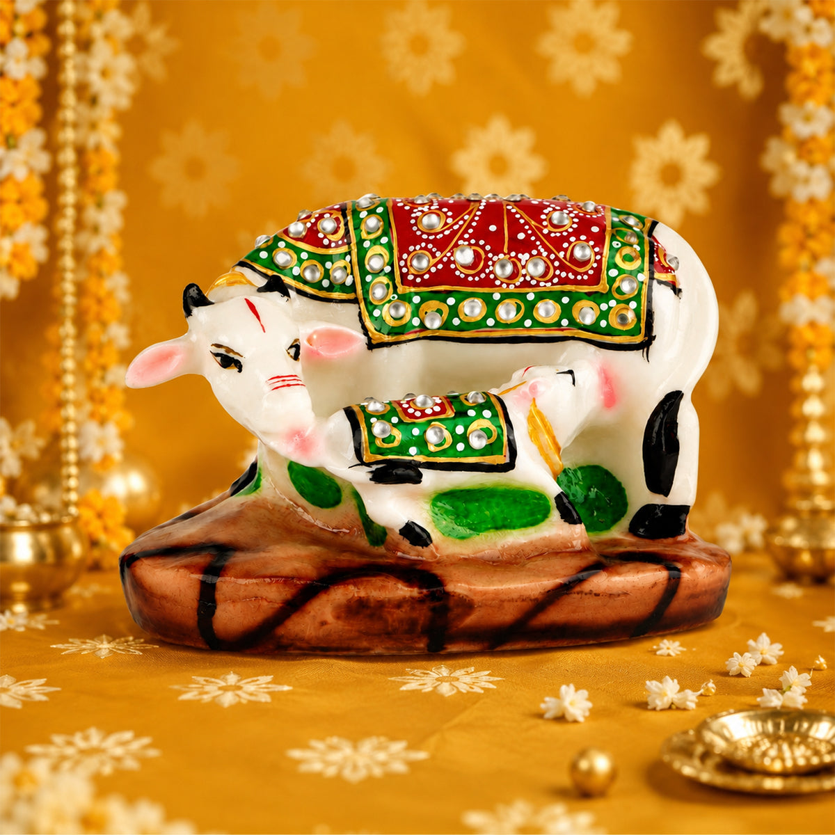 The Writershub Kamdhenu Cow and Calf with Stone Work Decorative Showpiece