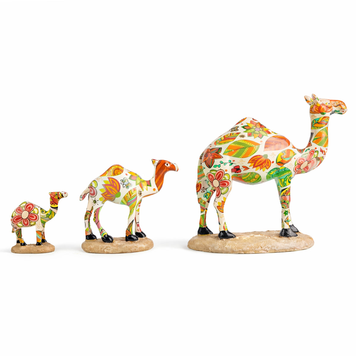 The Writershub Camel Family Set - 3 Polyresin Figurines, Multi Floral 18cm