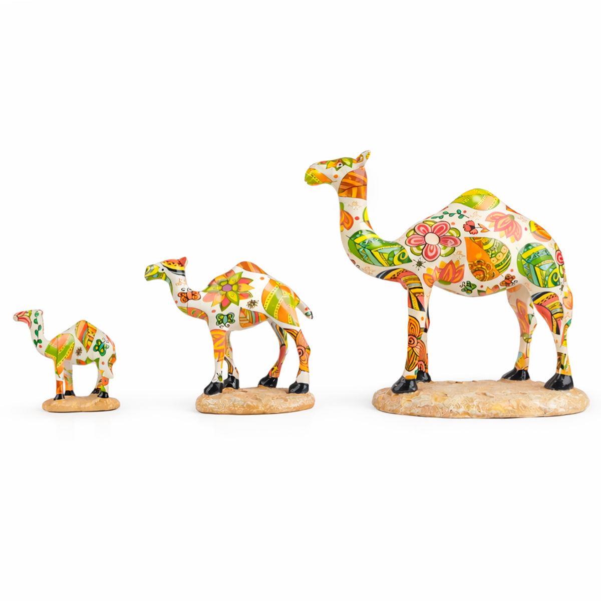 The Writershub Camel Family Set - 3 Polyresin Figurines, Multi Floral 18cm