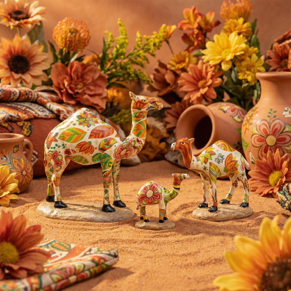 The Writershub Camel Family Set - 3 Polyresin Figurines, Multi Floral 18cm
