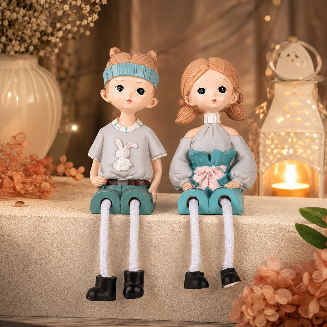 Cute Boy & Girl Figurine Set with Dangling Legs