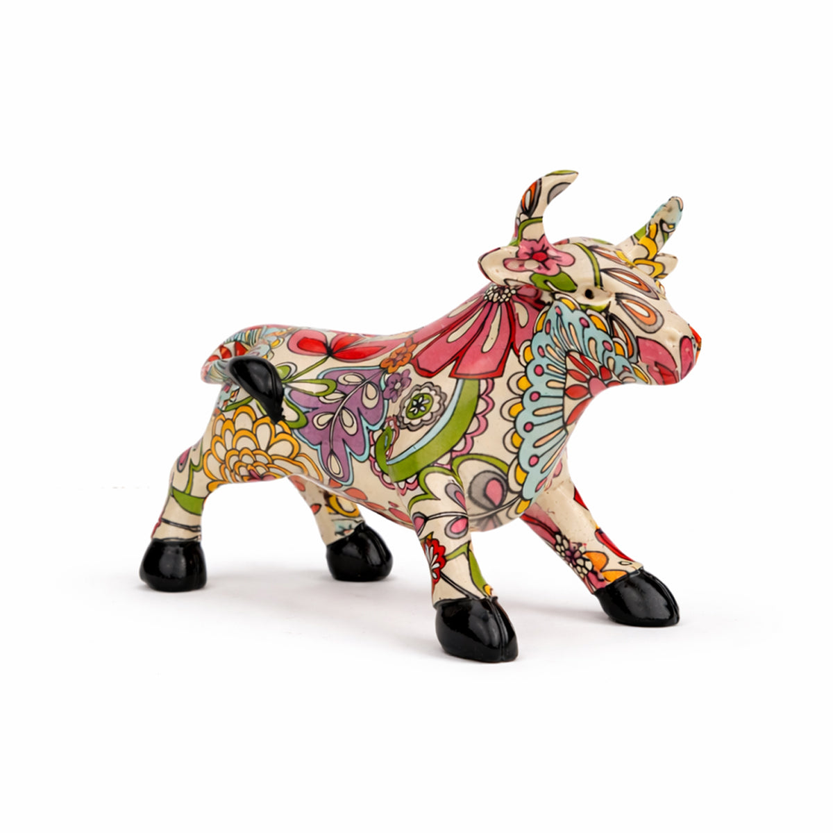 The Writershub Colourful Floral Bull Figurine - Polyresin Showpiece, 9.4cm