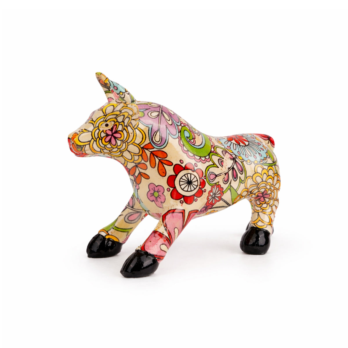 The Writershub Colourful Floral Bull Figurine - Polyresin Showpiece, 9.4cm