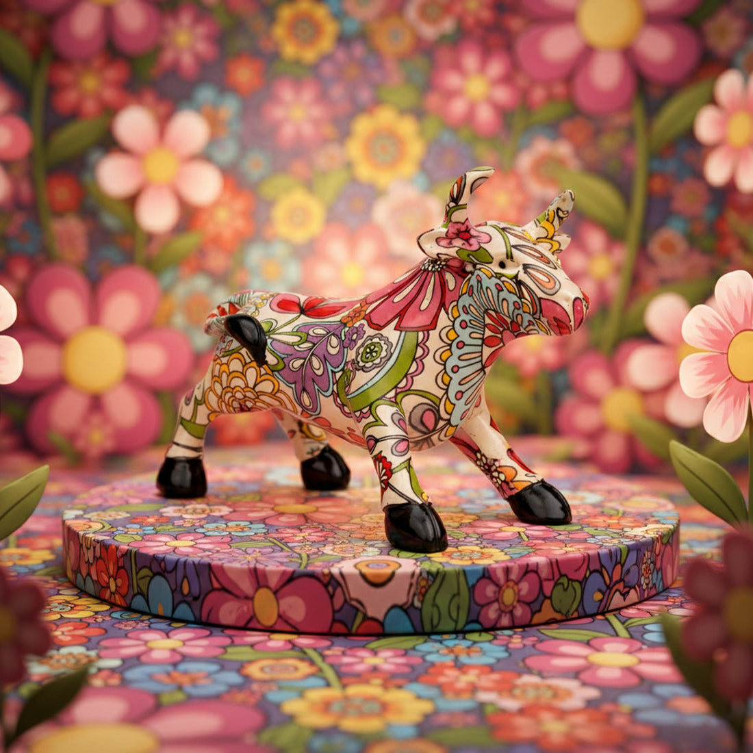 The Writershub Colourful Floral Bull Figurine - Polyresin Showpiece, 9.4cm