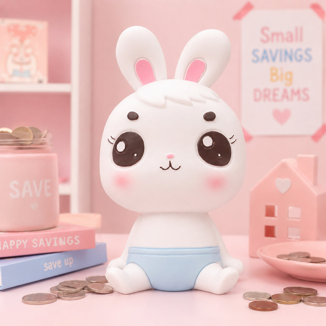 The Writershub Rabbit Piggy Bank – Cute White & Blue Kids Coin Bank