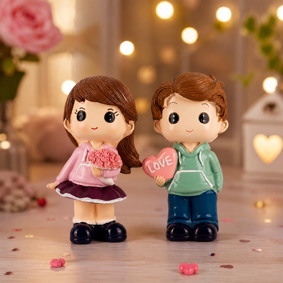Decorative Couple Figurine Showpiece – Girl with Roses & Boy with “LOVE” Heart