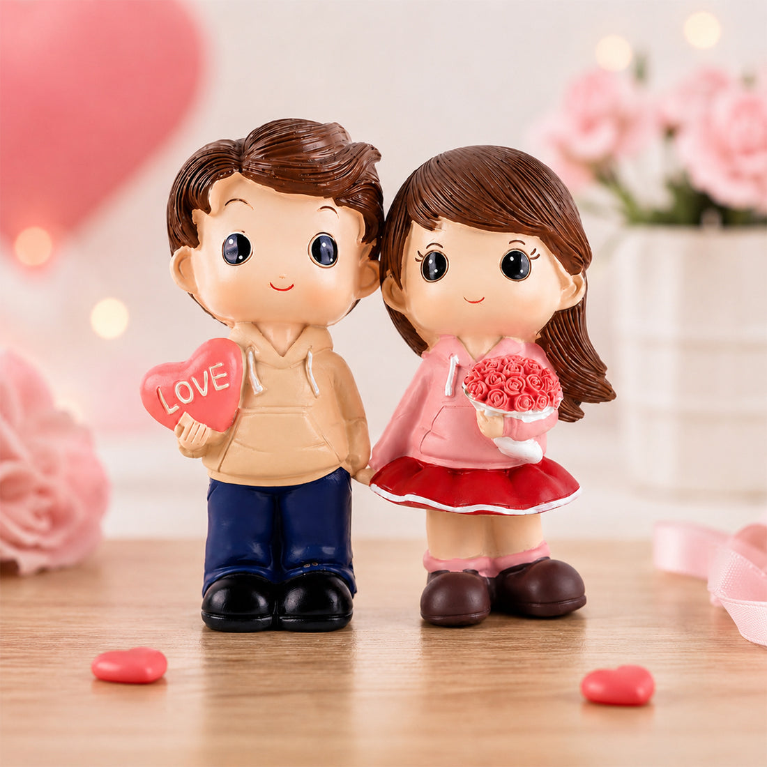 Decorative Couple Figurine Showpiece – Girl with Roses & Boy with “LOVE” Heart