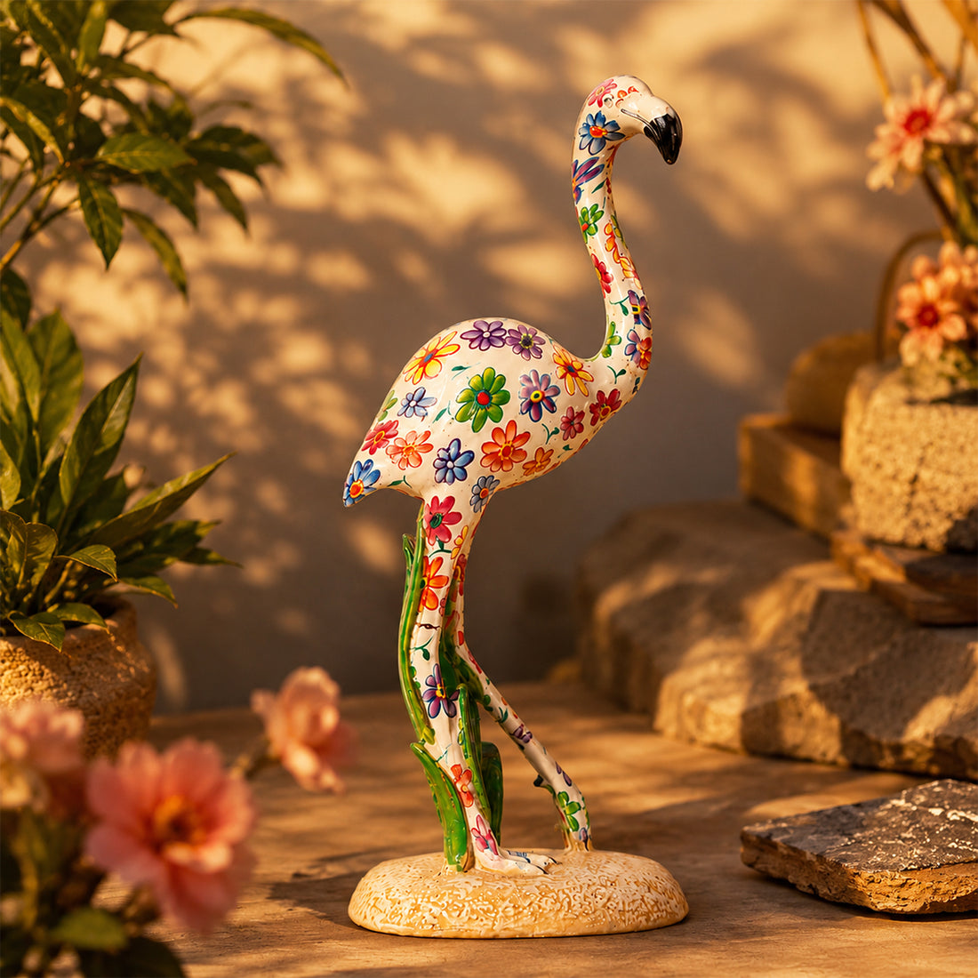 Flamingo Figurine with Floral Pattern – Polyresin Multicolour Tabletop Showpiece