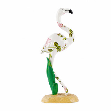 Flamingo Figurine with Floral Pattern – White Polyresin Tabletop Showpiece