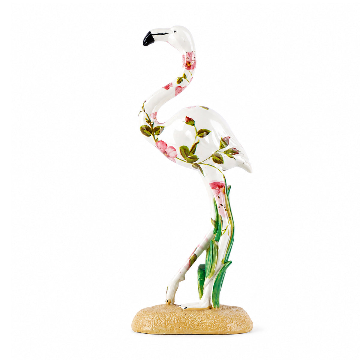 Flamingo Figurine with Floral Pattern – White Polyresin Tabletop Showpiece