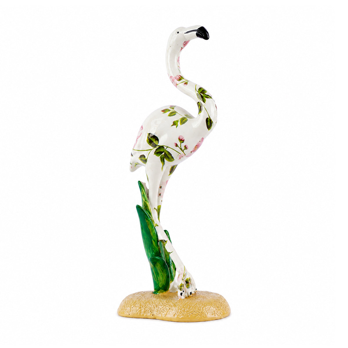 Flamingo Figurine with Floral Pattern – White Polyresin Tabletop Showpiece