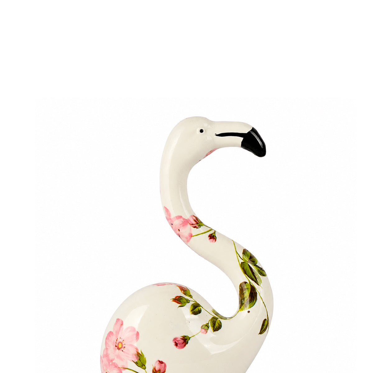 Flamingo Figurine with Floral Pattern – White Polyresin Tabletop Showpiece