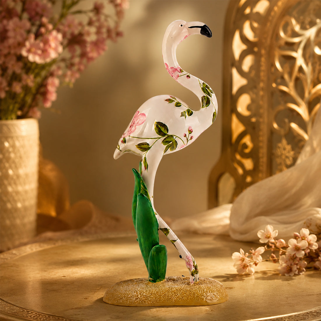 Flamingo Figurine with Floral Pattern – White Polyresin Tabletop Showpiece