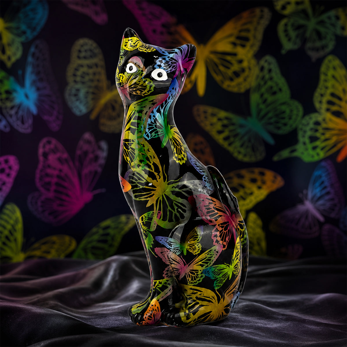 The Writershub Minnie Cat Figurine with Butterfly Design – Black Resin Showpiece