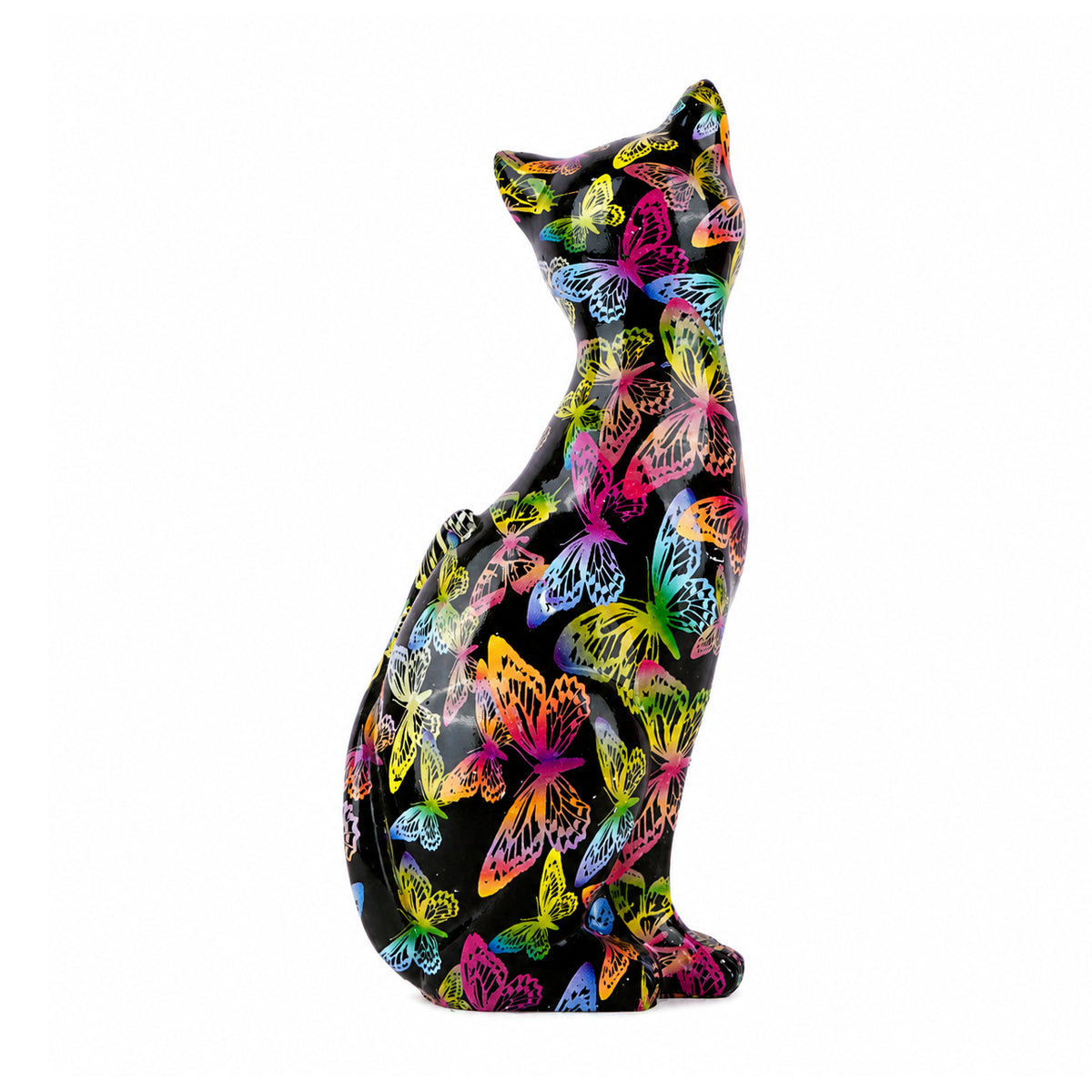 The Writershub Cat Figurine with Butterfly Design – Black Resin Showpiece