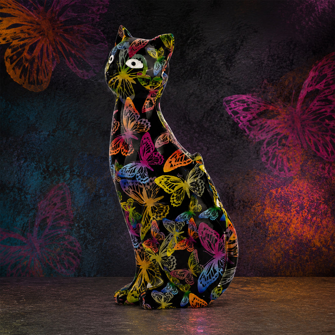 The Writershub Cat Figurine with Butterfly Design – Black Resin Showpiece