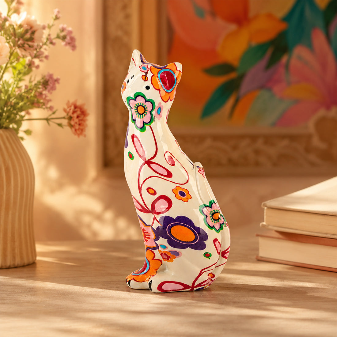 The Writershub Floral White Cat Figurine – Hand-Painted Polyresin Décor
