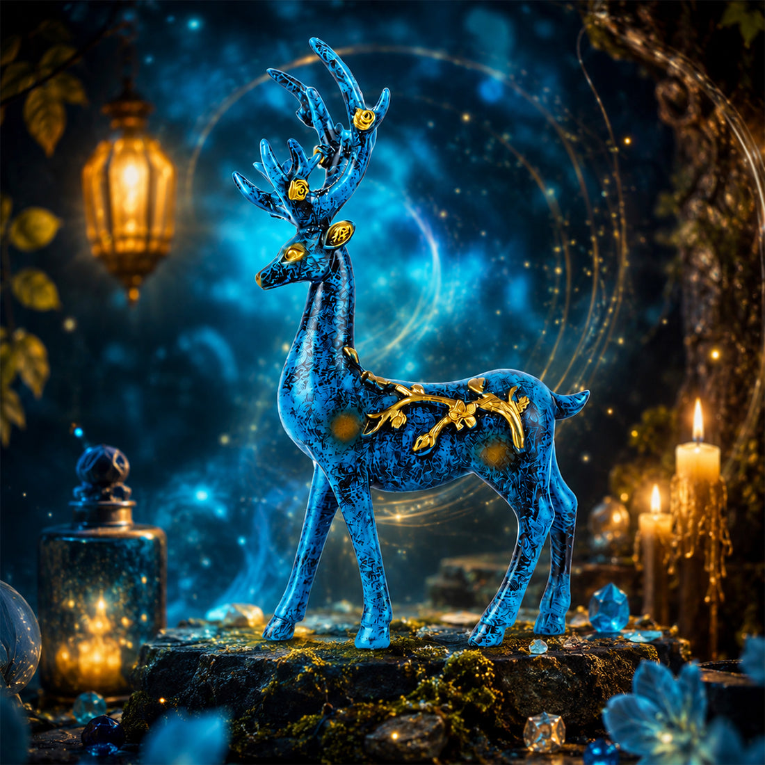 Two Deer Figurines Distressed Blue and Gold Finish Showpiece
