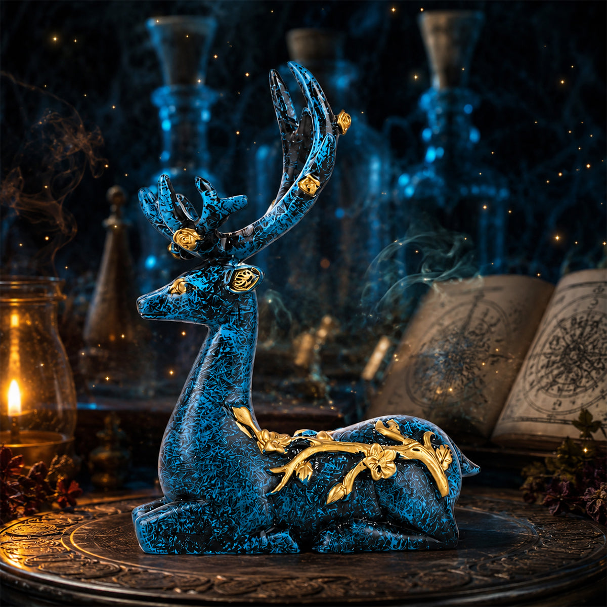 Two Deer Figurines Distressed Blue and Gold Finish Showpiece