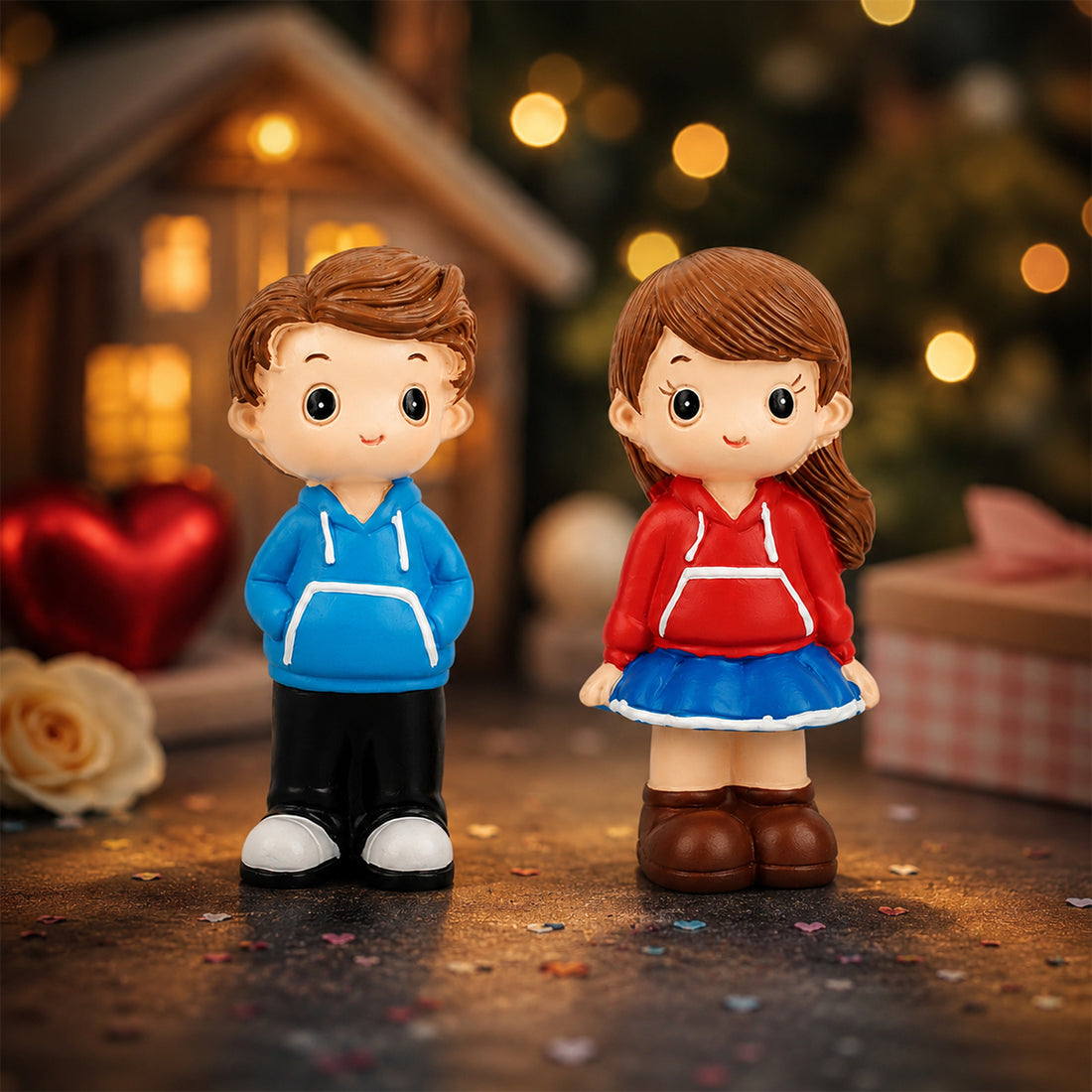 Set of Polyresin Couple Figurines Blue Red Romantic Showpiece