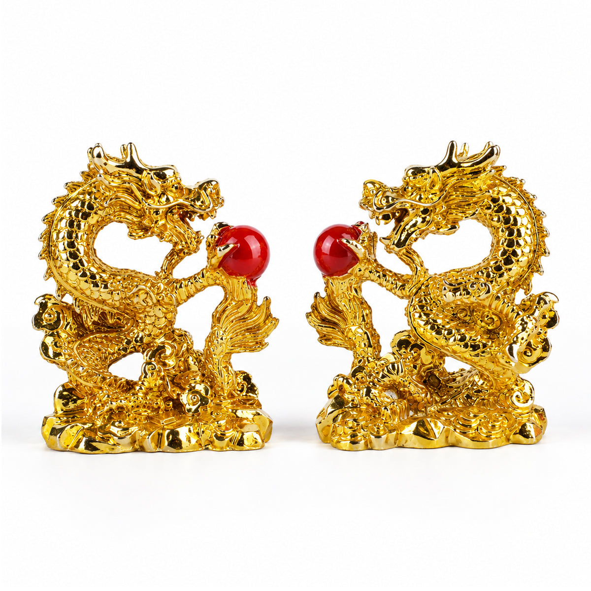 Feng Shui Golden Dragon Couple Statue with Red Pearl