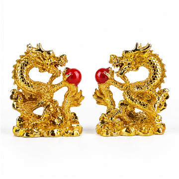 Feng Shui Golden Dragon Couple Statue with Red Pearl