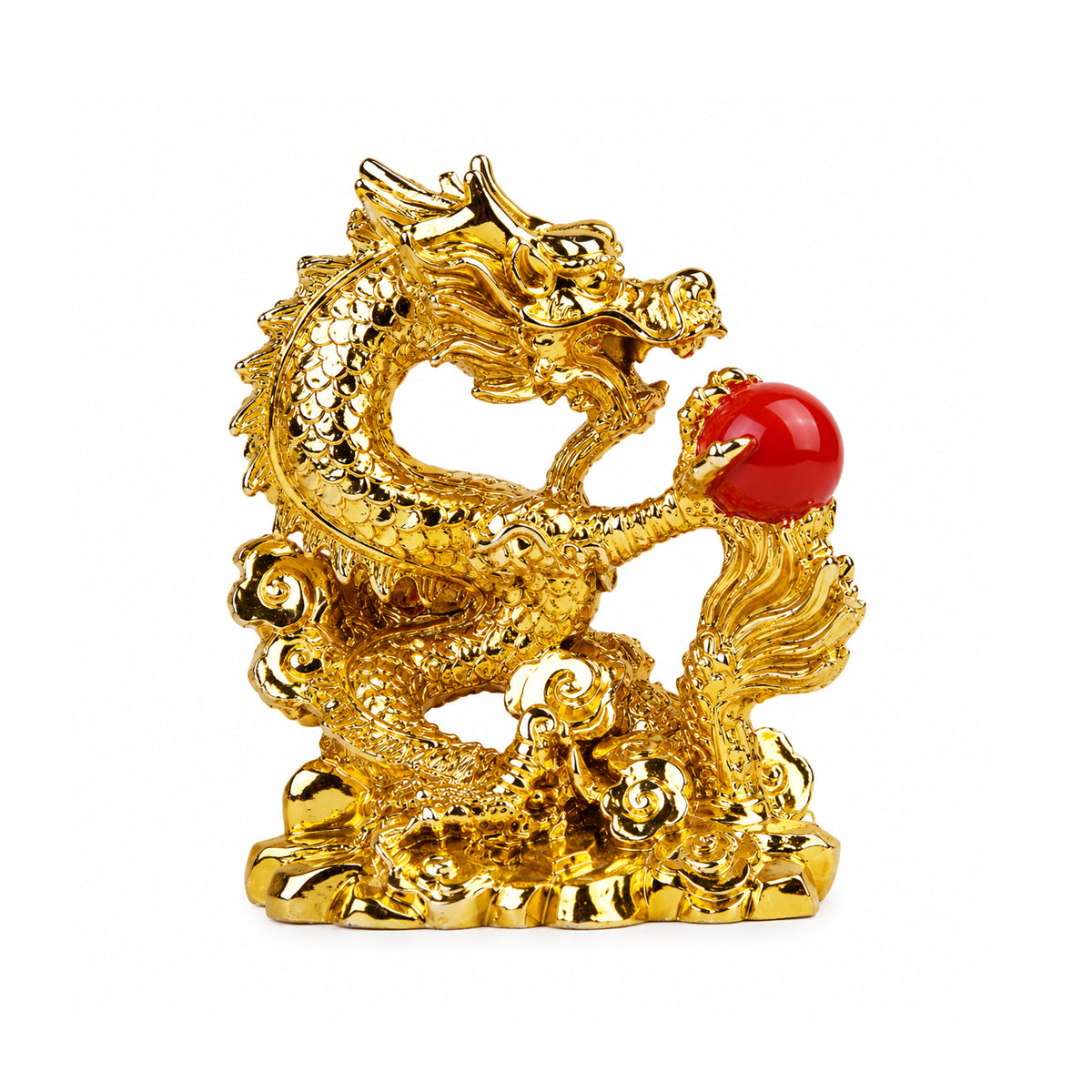 Feng Shui Golden Dragon Couple Statue with Red Pearl