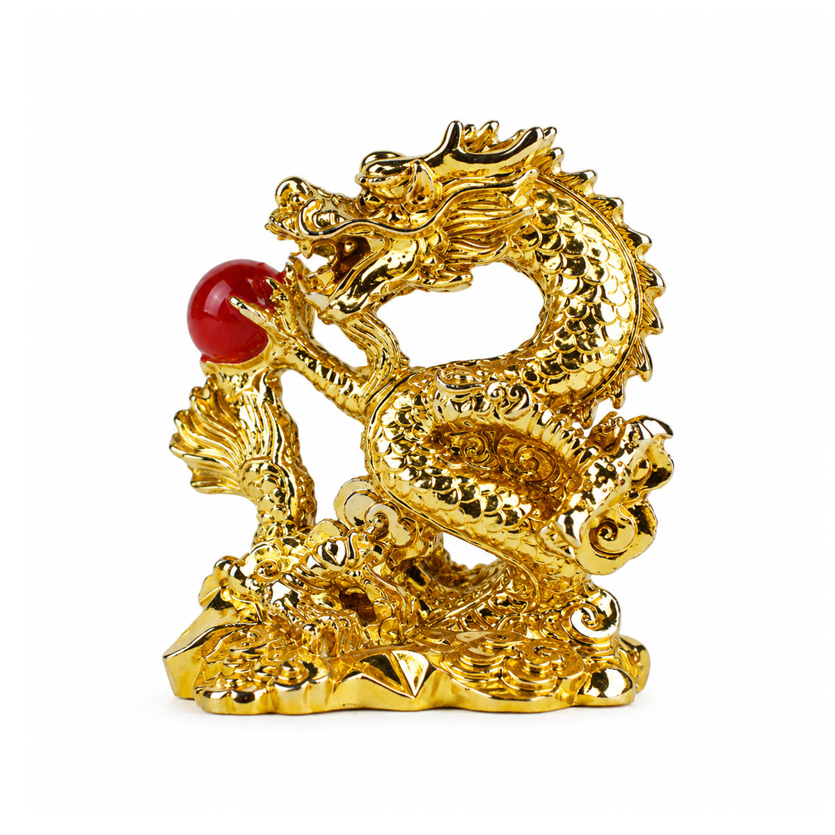 Feng Shui Golden Dragon Couple Statue with Red Pearl