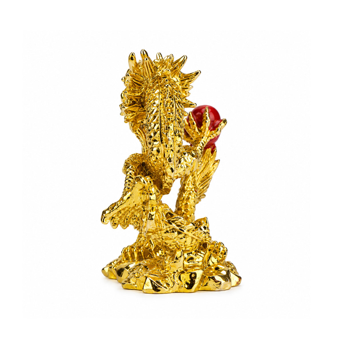 Feng Shui Golden Dragon Couple Statue with Red Pearl