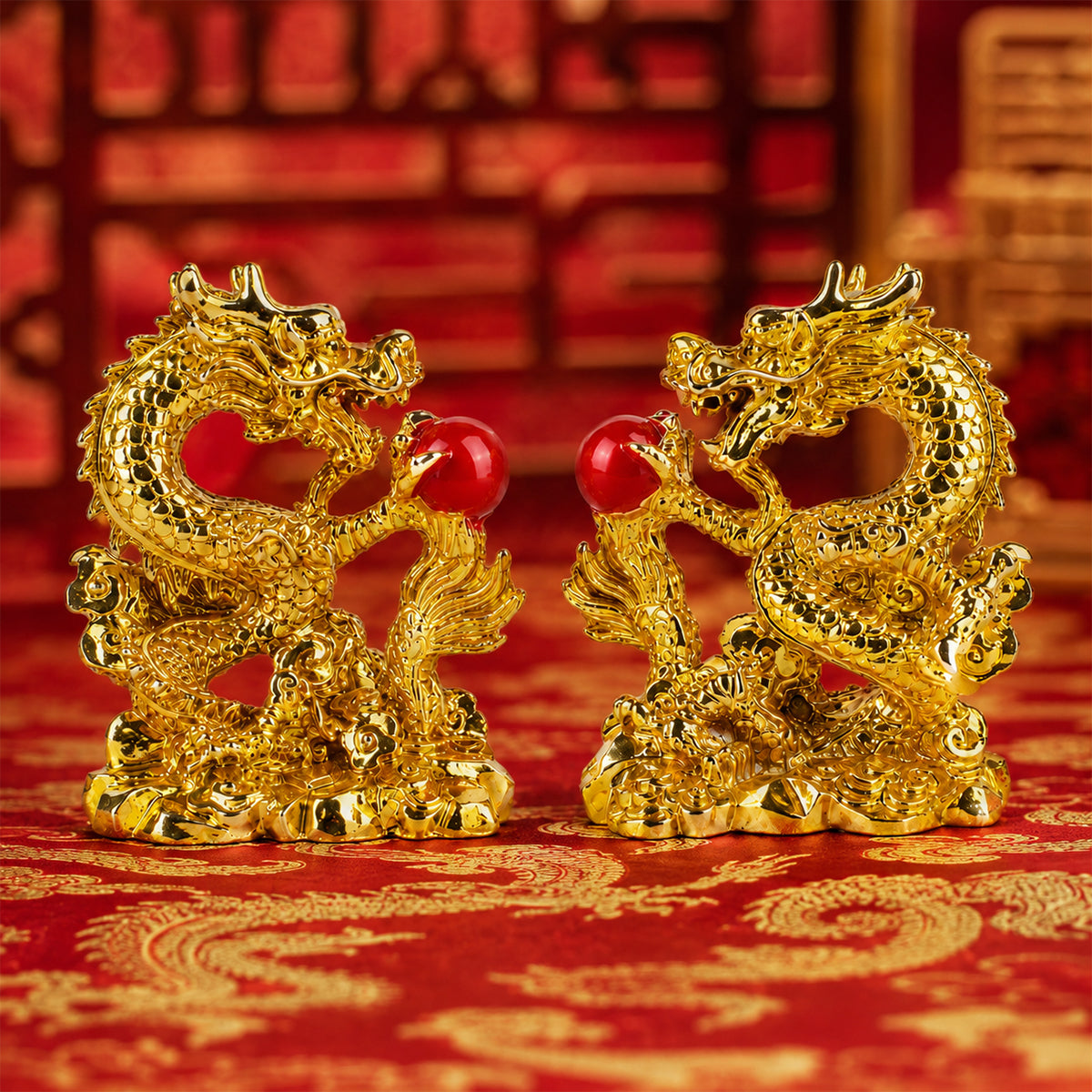 Feng Shui Golden Dragon Couple Statue with Red Pearl