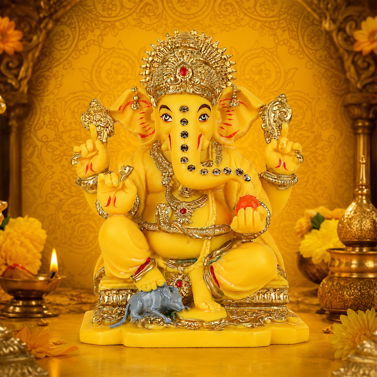 The Writershub Ganpati Bappa Idol with Golden Crown & Modak – Polyresin