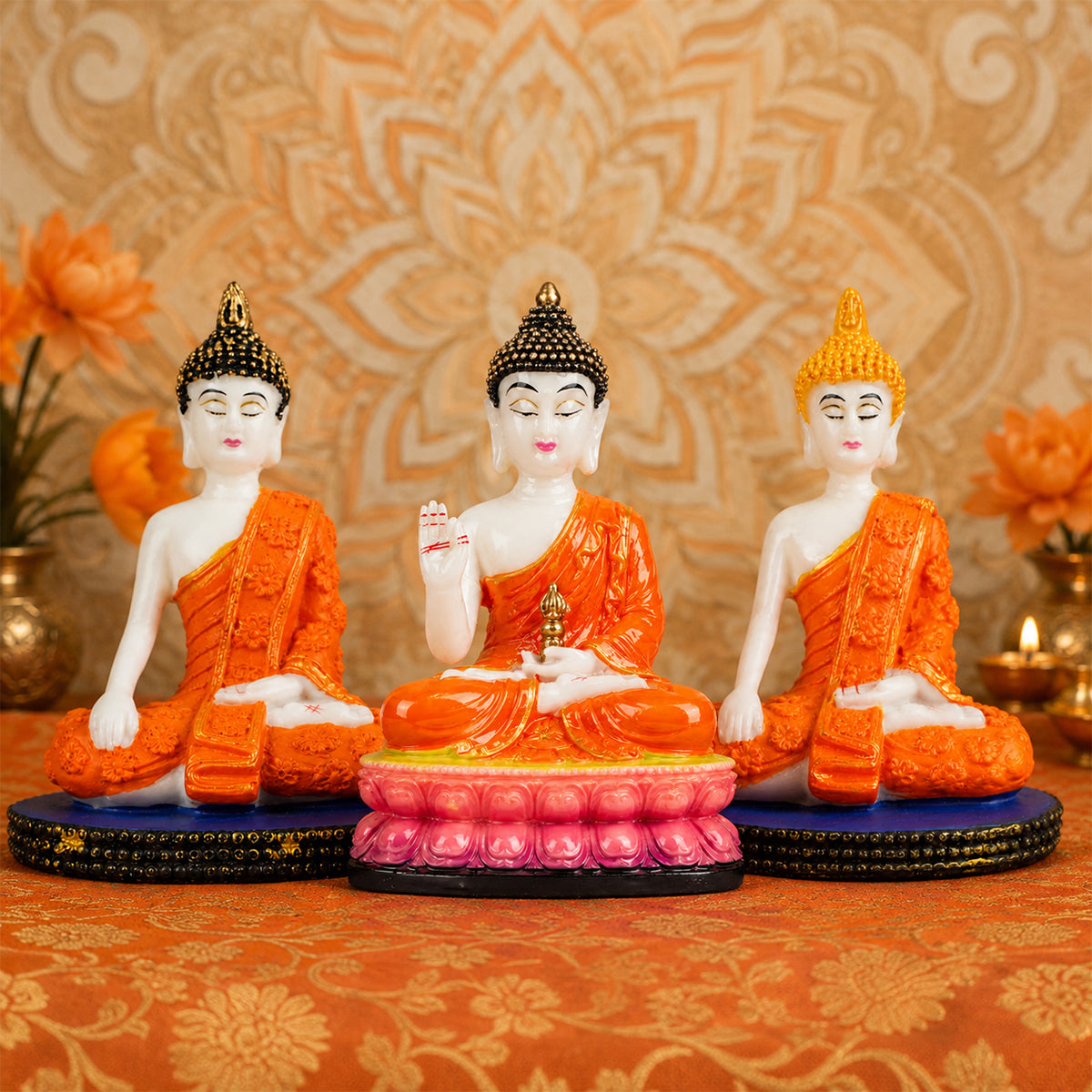 Meditating Gautam Buddha Statue – Orange & Gold Polyresin