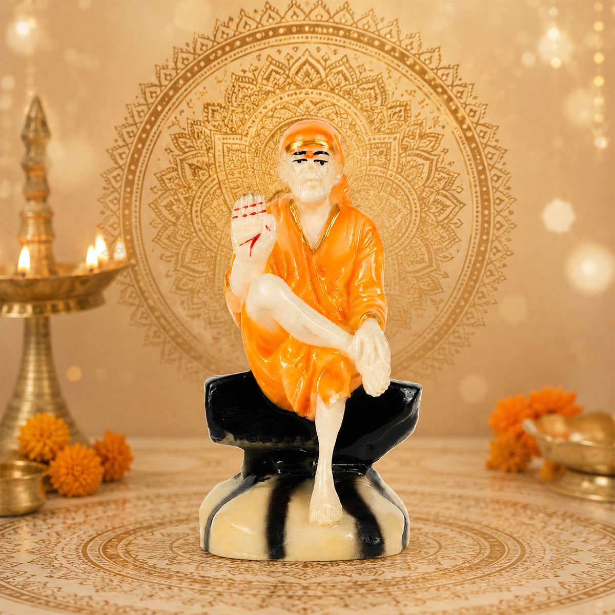 Mini Shirdi Sai Baba Idol Statue – Orange & Gold Polyresin