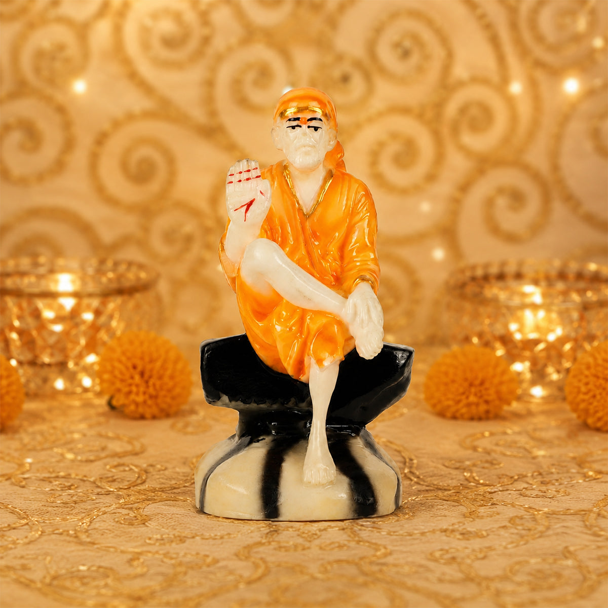 Shirdi Sai Baba Idol Statue – Orange & Gold Polyresin