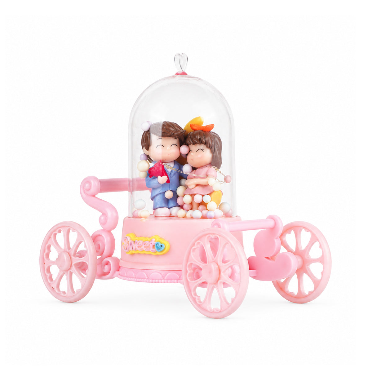 Cute Couple Figurine in Pink Carriage Dome with Moon - Decorative Showpiece