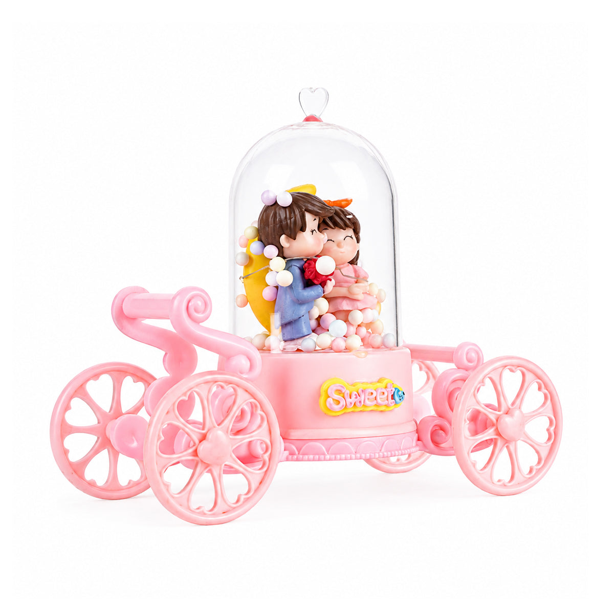Cute Couple Figurine in Pink Carriage Dome with Moon - Decorative Showpiece