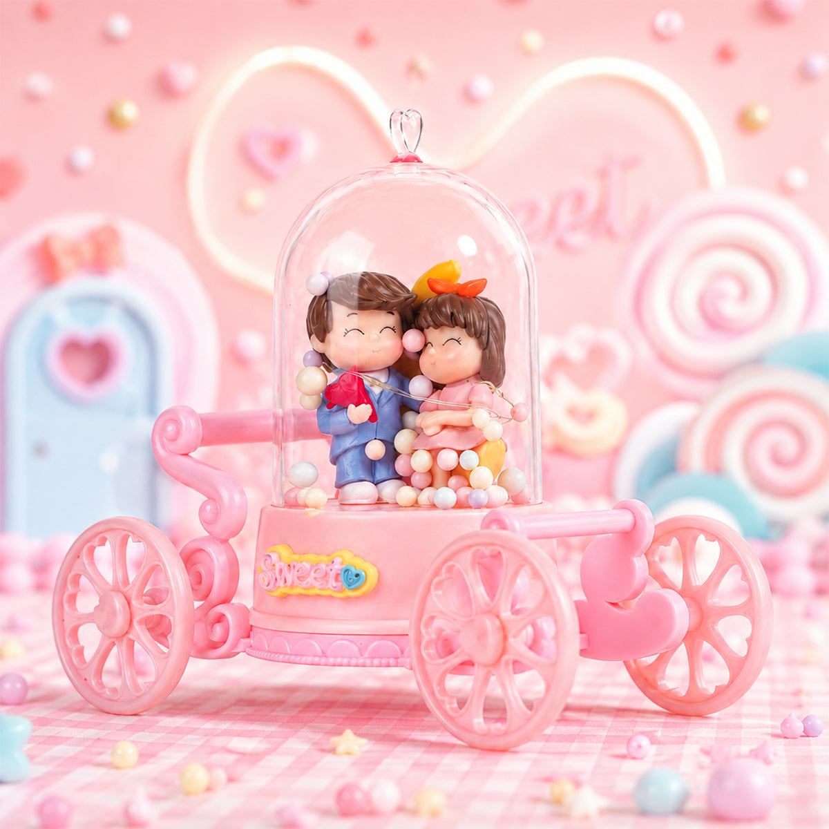 Cute Couple Figurine in Pink Carriage Dome with Moon - Decorative Showpiece