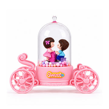 Cute Romantic Couple Figurine in Pink Carriage Dome with LED Lights