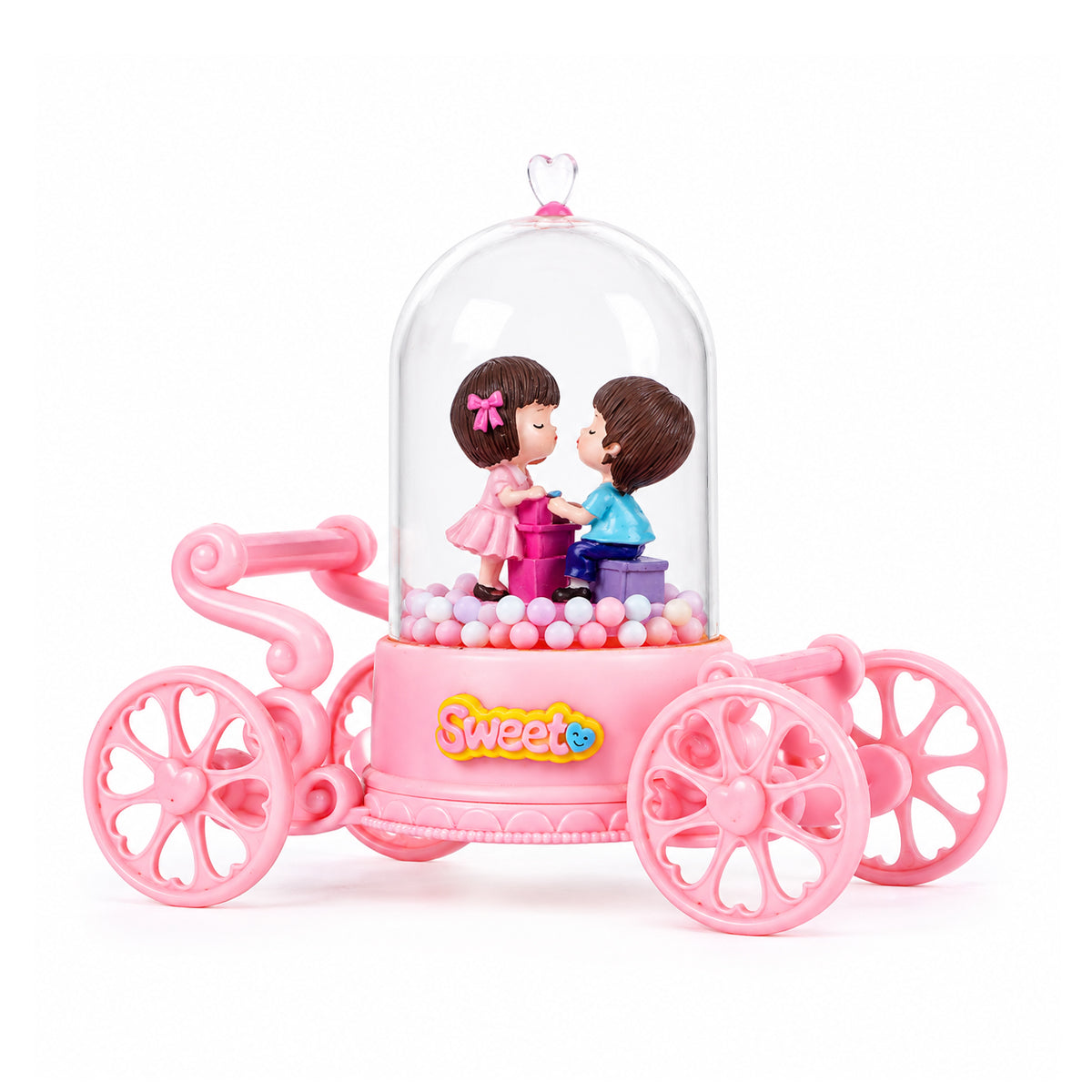 Cute Romantic Couple Figurine in Pink Carriage Dome with LED Lights
