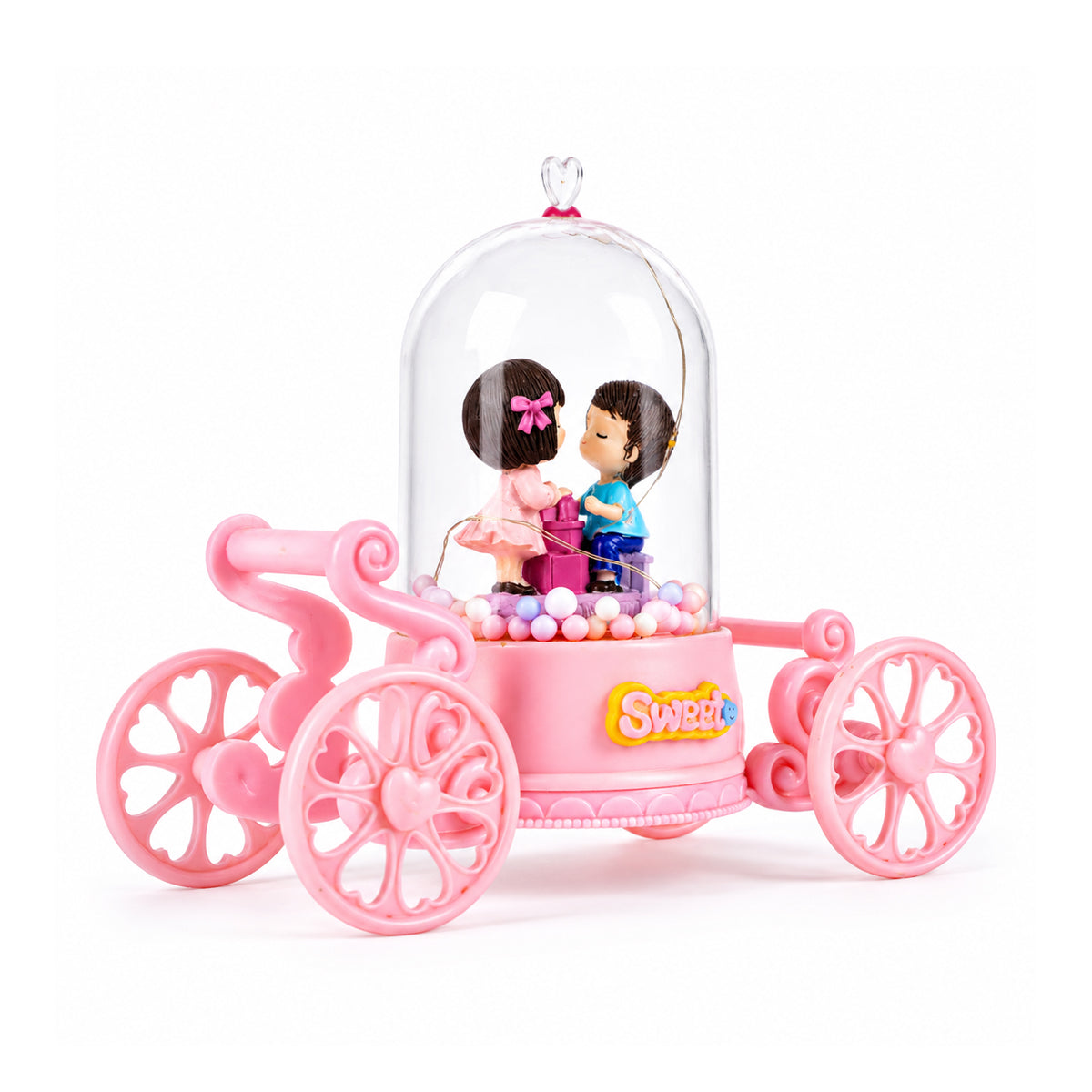 Cute Romantic Couple Figurine in Pink Carriage Dome with LED Lights