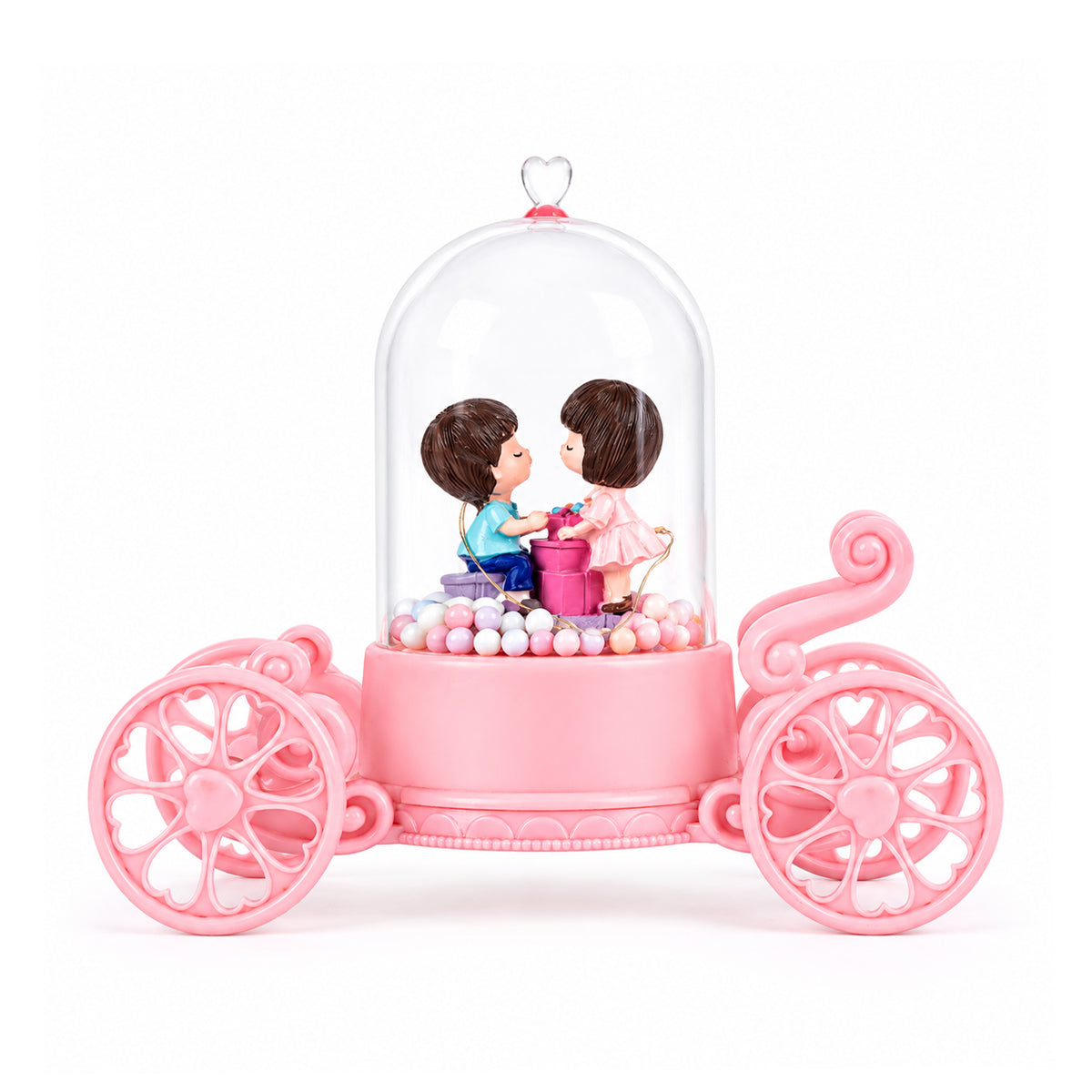 Cute Romantic Couple Figurine in Pink Carriage Dome with LED Lights