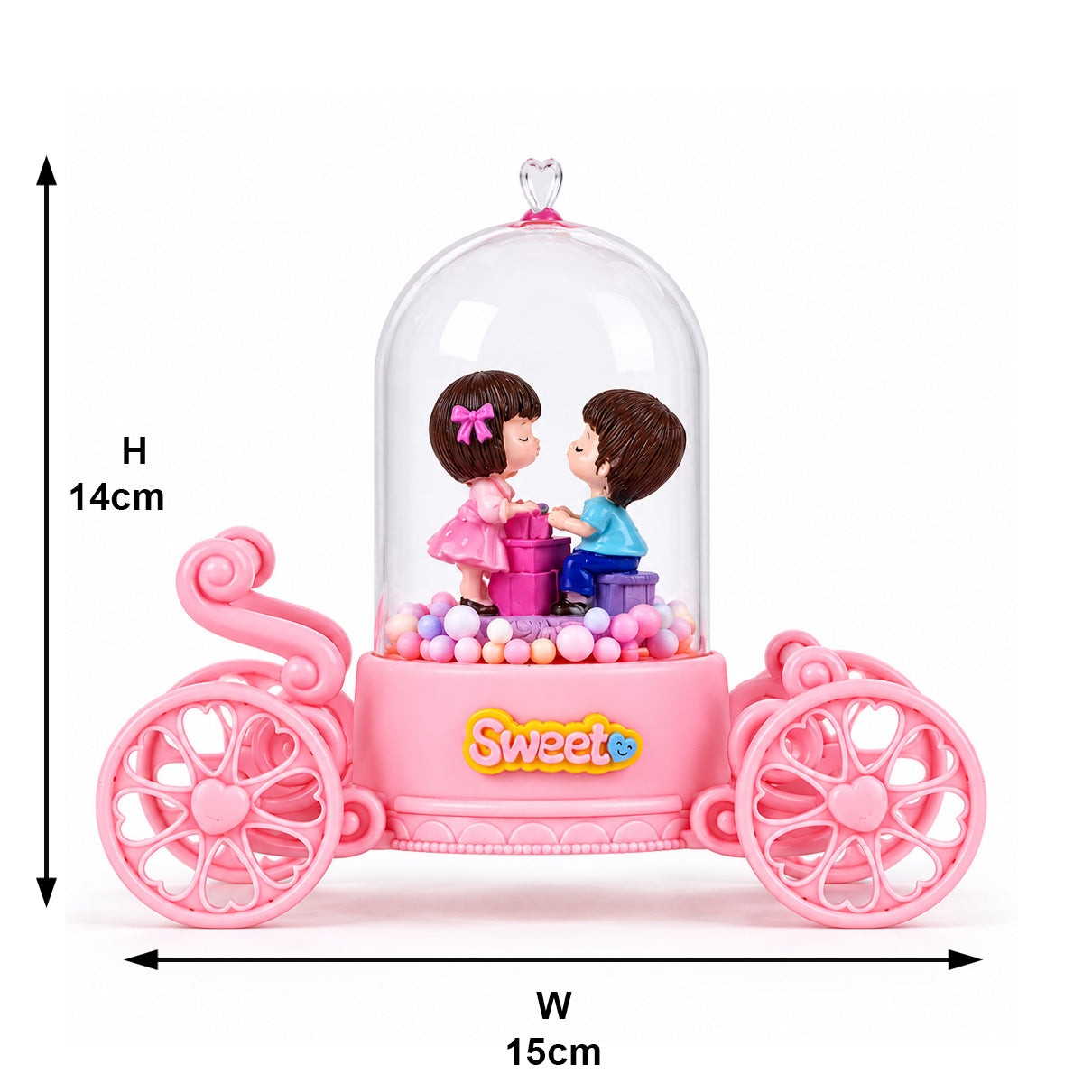Cute Romantic Couple Figurine in Pink Carriage Dome with LED Lights