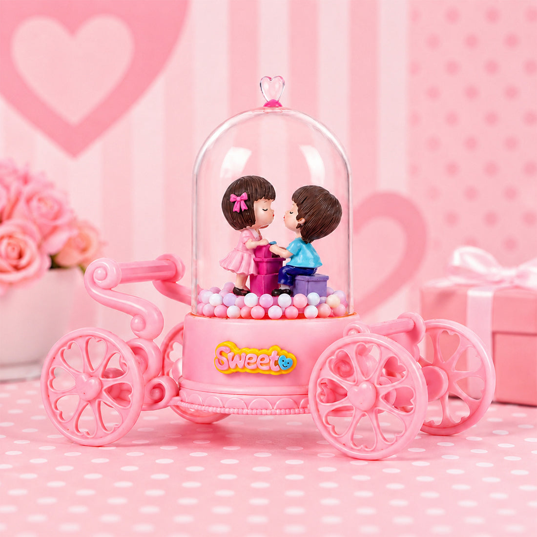 Cute Romantic Couple Figurine in Pink Carriage Dome with LED Lights